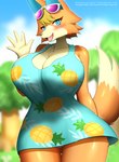 anthro big_breasts blue_eyes blush blush_lines breasts clothed clothing dress eyewear eyewear_on_head female fur genitals hair huge_breasts looking_at_viewer no_underwear open_mouth orange_body orange_fur pussy smile solo sunglasses sunglasses_on_head wide_hips faroula animal_crossing nintendo audie_(animal_crossing) canid canine canis mammal wolf hi_res