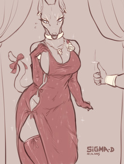 ankh ankh_necklace anthro approval arm_warmers armwear big_breasts bodily_fluids breasts clothed clothing dress fancy_clothing female flying_sweatdrops gesture hand_gesture jewelry legs_together legwear necklace open_mouth red_clothing red_dress shy side_boob solo sweat sweatdrop tail thigh_highs thumbs_up sigma-d laila_(sigma-d) anubian_jackal canid canine canis jackal mammal 2025 absurd_res hi_res