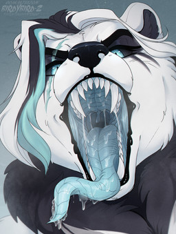 anthro black_body black_fur black_hair black_sclera blue_background blue_eyes blue_hair blue_tongue bodily_fluids female female_anthro front_view fur hair looking_at_viewer mouth_shot multicolored_hair open_mouth saliva saliva_on_tongue simple_background solo text tongue tongue_out uvula white_body white_fur white_hair santanahoffman bear mammal artist_name bust_portrait portrait