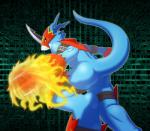 anthro belt big_tail blue_body blue_scales blue_skin butt claws feet fire half-top long_tail male mask rear_view red_eyes scales solo straps tail オロー bandai_namco digimon digimon_(species) flamedramon reptile scalie 2017