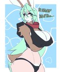 absurd_res annoyed anthro anuki big_breasts breasts clothing collar english_text female fur gozer_mocha green_hair hair hi_res hoodie lagomorph leporid long_hair mammal pink_body pink_fur rabbit solo text thick_thighs topwear wide_hips