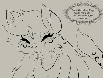 accessory anthro blep blush blush_lines bow_ribbon clothed clothed_anthro clothed_female clothing crop_top duo enjoying excited female female/female fully_clothed fully_clothed_anthro fully_clothed_female furgonomics happy holding_in_mouth imminent_vore in_mouth larger_female pigtails ribbons shirt size_difference smaller_female smile tail tail_accessory tail_ribbon text thought thought_bubble thoughts tongue tongue_out topwear twintails_(hairstyle) muhny chloe_(muhny) edie_(muhny) domestic_cat felid feline felis mammal mouse murid murine rodent english_text sketch