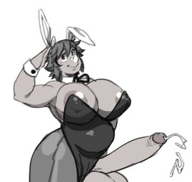 anthro areola areola_slip balls bodily_fluids breasts closed_smile clothing cuffs_(clothing) cum ejaculation erection facial_horn fake_ears fake_rabbit_ears genital_fluids genitals gynomorph hair horn humanoid_genitalia humanoid_penis intersex long_penis mouth_closed nose_horn penis simple_background smile solo standing topwear white_background analon_(artist) rhinolon_(analon) mammal rhinoceros