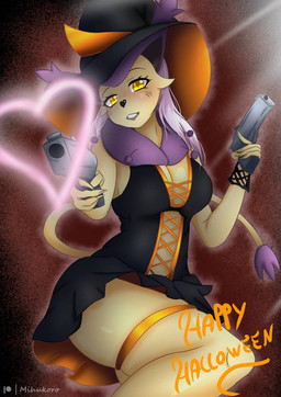 anthro black_nose blush clothing female gun hair happy_halloween hat headgear headwear looking_at_viewer magic_user pink_hair pokemorph purple_ears ranged_weapon smile smiling_at_viewer solo tail tail_tuft tuft weapon witch witch_costume witch_hat yellow_body yellow_eyes mihukoro nintendo pokemon delcatty domestic_cat felid feline felis generation_3_pokemon mammal pokemon_(species)