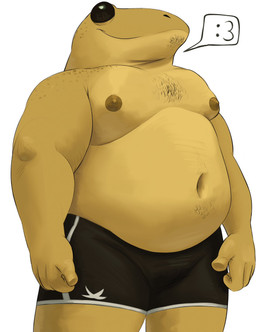 anthro black_eyes bobbyboopers1 bottomwear clothing emoticon male navel nipples overweight shorts simple_background solo standing white_background amphibian frog hi_res portrait