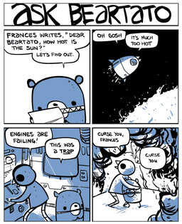 aircraft ambiguous_gender anthro beak dialogue duo fire humor letter space spacecraft speech_bubble sun text vehicle nedroid beartato reginald_(nedroid) avian bear bird mammal 2009 comic english_text
