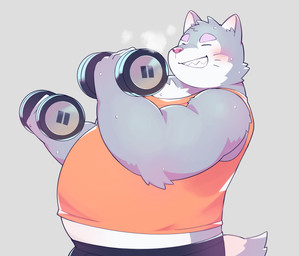 anthro blush clothing exercise eyes_closed kemono male musclegut muscular overweight overweight_male shirt solo topwear workout kinoshita-jiroh vtuber domestic_cat felid feline felis mammal 2025 absurd_res hi_res