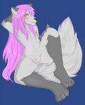 andromorph anthro blush genitals hair intersex long_hair nude piercing pink_hair pussy solo aoizuri submersible_fox canid canine fox mammal hi_res