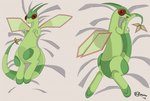 ambiguous_gender antennae_(anatomy) dakimakura fangs feral green_body holding_tail looking_at_viewer lying on_back on_front open_mouth smile smiling_at_viewer solo tail teeth wings jimfoxx nintendo pokemon arthropod flygon generation_3_pokemon pokemon_(species) 2015 dakimakura_design multiple_images signature