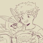 anthro beak cheek_to_cheek duo grin male reading smile mofumi_corvus bandai_namco digimon digimon_survive falcomon_(survive) minoru_hyuga avian bird digimon_(species) falcomon human mammal 1:1 hi_res sketch