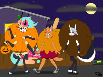 anthro apple apple_costume candy candy_costume clothing costume dessert female food food_costume fruit group peanut_butter_cup peanut_butter_cup_costume plant pumpkin pumpkin_costume trio penmark25! dreamworks hellaverse helluva_boss mythology the_bad_guys diane_foxington loona_(helluva_boss) queen_bee-lzebub_(helluva_boss) canid canid_demon canine demon fox fox_spirit hellhound mammal mythological_canine mythological_creature 4:3 absurd_res hi_res