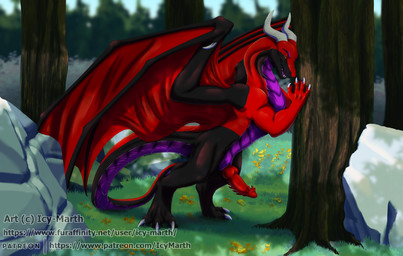 belly black_body black_scales feral forest_background genitals knot male penis pose purple_belly red_body red_penis red_scales scales solo icy-marth mythology sarinox dragon mythological_creature mythological_scalie scalie pinup