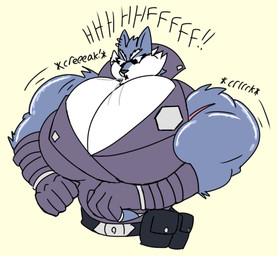 anthro big_muscles big_pecs inflation male muscle_inflation muscular muscular_anthro muscular_male pecs solo sound_effects text cocopuffbear dislyte lilith_games freddy_(dislyte) canid canine canis mammal wolf 2022 english_text hi_res