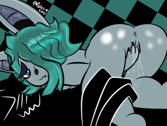 bite biting_lip blissful blush bodily_fluids breasts checkered checkered_background claws dripping dripping_wet duo ears_up female fingering genital_fluids genitals glistening glistening_body glistening_eyes green_hair grey_body grey_skin hair happy highlights_(coloring) leg_grab looking_pleasured pattern_background shortstack simple_background spread_legs spreading vaginal_fluids vulva mii2sii league_of_legends riot_games tencent shadow_(lol) vex_(lol) mammal shadow_creature spirit yordle hi_res