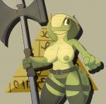 4_fingers anthro belt breasts camel_toe clothing female fingers halberd legwear lingerie melee_weapon nipples non-mammal_breasts polearm simple_background smile snake_hood solo standing stockings weapon azlech reptile scalie snake hi_res