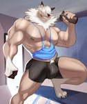 abs anthro anthrofied athletic_wear biceps big_chest black_nose bottomwear bulge clothing covered_eyes crotch_tuft fist fur gym gym_bottomwear gym_shorts locker_room male mane muscular muscular_anthro muscular_male nipples oversized_clothing pecs pokemorph pose protein_shake sharp_teeth shirt shorts smile solo tan_body tan_fur tank_top teeth thigh_up topwear tuft white_body white_fur nescitop nintendo pokemon generation_7_pokemon lycanroc pokemon_(species) hi_res