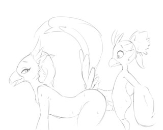 age_difference all_fours anthro bodily_fluids duo feathers female hand_on_butt inviting_to_sex looking_back male male/female nervous nervous_smile side_view sweat sweatdrop tail tail_feathers young decentfeather nintendo the_legend_of_zelda meida tulin_(tloz) avian rito absurd_res hi_res
