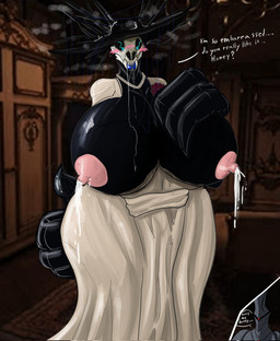 areola armor big_areola big_breasts black_body blush bodily_fluids bone breasts clothed clothing dialogue dress duo female furniture gem hat headgear headwear huge_breasts hyper hyper_breasts inside jewelry lactating looking_at_viewer necklace nipples pearl_(gem) pearl_necklace skull skull_head sundress text thick_thighs wide_brim_hat wide_hips vf-01s american_mythology capcom indigenous_north_american_mythology mythology north_american_mythology resident_evil alcina_dimitrescu human humanoid mammal monster vampire wendigo english_text hi_res