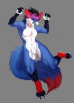 ambiguous_gender anthro blue_body crotch_tuft eyebrows fluffy fluffy_tail green_nose nude purple_eyes raised_arm raised_arms raised_eyebrow raised_leg red_ears scared solo tail tuft wind worried malivaughn amokah canid canine fox mammal hi_res