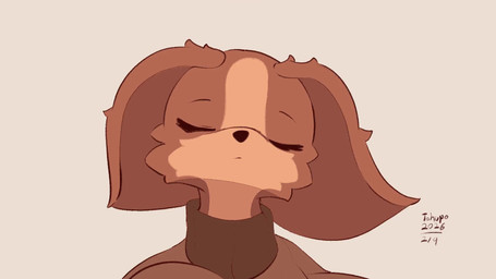 anthro big_ears black_nose brown_body brown_eyes brown_fur cheek_tuft clothed clothing eyebrows eyelashes facial_tuft female floppy_ears fully_clothed fur looking_aside open_mouth simple_background smile solo star_eyes sweater tan_background teeth text tongue topwear tuft conditional_dnp tohupo ann_(tohupo) canid canine canis domestic_dog mammal papillon toy_dog 16:9 2026 2d_animation animated animated_webp artist_name dated frame_by_frame hi_res loop seamless_loop widescreen