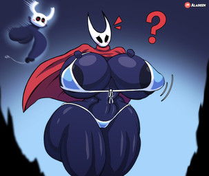 anthro areola balls big_breasts bikini biped blush bodily_fluids breasts clothed clothing duo female genital_fluids genitals heart_eyes heart_symbol huge_breasts larger_female male penis simple_background size_difference smaller_male standing swimwear thick_thighs three-quarter_view two-piece_swimsuit aladeen hollow_knight_(franchise) team_cherry hornet_(hollow_knight) the_knight_(hollow_knight) arthropod vessel_(species) digital_media_(artwork) hi_res half_sister_(lore) nonbinary_(lore) sibling_(lore) sister_(lore)