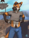 abs anthro blue_eyes bodily_fluids bottomwear brown_body brown_fur clothed clothing clothing_lift denim denim_bottomwear denim_clothing desert dipstick_tail eyebrows freckles fur inner_ear_fluff jeans male markings multicolored_tail navel orange_body orange_fur pants pubes road shirt shirt_lift smile smirk solo sweat tail tail_markings topwear truck_stop tuft undressing fourbythree olsson canid canine mammal maned_wolf 2022 3:4 hi_res sketch