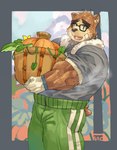 anthro bodily_fluids brown_body brown_fur clothing eyewear farmer food fruit fur glasses gloves handwear male musclegut muscular muscular_arms musk musk_clouds plant pumpkin solo sweat gao_53937056 lifewonders tokyo_afterschool_summoners volos_(tas) bear mammal