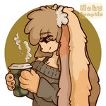 ambiguous_gender anthro beverage brown_body brown_fur brown_hair clothed clothing coffee coffee_cup container cup fur green_eyes hair jumper long_ears simple_background smile solo sweater topwear white_body white_fur nekopumpkin latte_(nekopumpkin) lagomorph leporid mammal rabbit 1:1 absurd_res hi_res