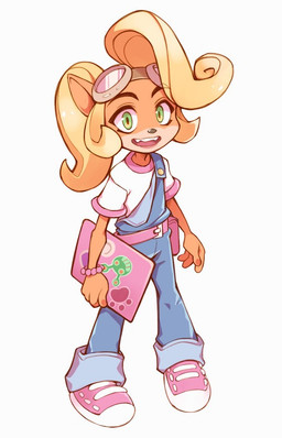 anthro belt belt_pouch blonde_hair clothing computer electronics eyewear eyewear_on_head female flat_chested footwear fur goggles goggles_on_head green_eyes hair laptop long_hair orange_body orange_fur overalls ponytail shirt shoes simple_background smile solo t-shirt topwear white_background young young_anthro kingdomkii activision crash_bandicoot_(series) coco_bandicoot bandicoot mammal marsupial digital_media_(artwork)