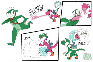 abdominal_bulge ambiguous_gender anthro bodily_fluids burping color_change digestion drooling duo fatal_vore licking licking_lips long_tongue oral_vore plant running saliva sash skull_and_crossbones soft_vore tail tongue tongue_out tongue_wrap vore weight_gain eclairscollection mario_bros nintendo elemental_creature flora_fauna hybrid mammal mustelid otter piranha_plant yoshi comic hi_res