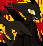 anthro biped black_body black_dress_shirt black_fur fur looking_at_viewer male sharp_teeth solo spiral_eyes teeth text yellow_eyes kurosamehaiki domestic_cat felid feline felis fish hybrid mammal marine shark 2024 english_text