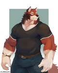 anthro belt bottomwear broad_shoulders clothing fur male muscular muscular_arms neck_tuft pants red_body red_fur shirt solo stocky tight_clothing tight_shirt tight_topwear topwear tuft coffeline echo_(game) echo_(series) echo_project leo_alvarez canid canine canis mammal wolf 4:5 hi_res