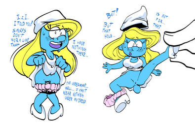 ambiguous_gender anus blonde_hair blue_body bodily_fluids breasts butt cleavage clothed clothing dialogue duo featureless_crotch female footwear hair hat headgear headwear high_heels not_furry open_mouth shoes sweat tail text box_chan the_smurfs smurfette humanoid smurf tailed_humanoid 2026 english_text hi_res