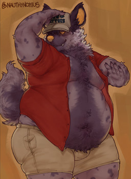 abstract_background anthro baseball_cap belly belly_hair big_belly body_hair bottomwear cheek_tuft chest_hair clothed clothing collared_shirt dress_shirt facial_tuft fangs fluffy fluffy_tail front_view hat headgear headwear hypnotic_eyes khaki_shorts looking_at_viewer love_handles male navel neck_tuft open_clothing open_shirt open_topwear orange_nose overweight pose red_clothing red_dress_shirt red_shirt red_topwear seductive shirt shorts simple_background smile solo tail tan_background teeth tight_bottomwear tight_clothing tight_shirt tight_shorts tight_topwear topwear trucker_hat tuft nauthynomus hyena mammal 2025 hi_res pinup portrait three-quarter_portrait