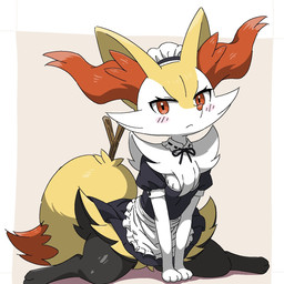 3_fingers 3_toes ambiguous_anthro ambiguous_gender anthro arm_tuft biped black_body black_fur blush blush_lines blush_stickers bottomwear cheek_tuft chest_tuft closed_frown clothed clothed_ambiguous clothed_anthro clothing digitigrade dipstick_tail eyelashes facial_tuft feet fingers front_view frown fully_clothed fully_clothed_ambiguous fully_clothed_anthro fur hip_tuft inner_ear_fluff leaning leaning_forward looking_at_viewer maid_headdress maid_uniform markings mouth_closed multicolored_body multicolored_fur object_in_tail on_model orange_body orange_eyes orange_fur orange_inner_ear_fluff orange_nose orange_tail_tip pointy_ears pointy_nose prick_ears pseudo_clothing shoulder_tuft simple_background sitting skirt solo spread_legs spreading stick stick_in_tail tail tail_markings toes tuft two_tone_tail uniform wariza white_body white_fur yellow_body yellow_fur yellow_tail noye nintendo pokemon braixen canid generation_6_pokemon mammal pokemon_(species) 1:1 2025 cel_shading colored digital_drawing_(artwork) digital_media_(artwork) full-length_portrait hi_res portrait shaded
