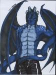 anthro biped black_hair blue_body blue_scales clothed clothing hair horn looking_at_viewer male scales solo standing tail topless wings koshkio mythology faust_(koshkio) dragon mythological_creature mythological_scalie scalie absurd_res hi_res