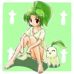 1:1 alternate_species chikorita clothing cosplay costume duo elemental_creature eyes_closed female feral flora_fauna generation_2_pokemon green_hair hair human humanized leaf low_res mammal nintendo plant pokemon pokemon_(species) pokemon_costume ranphafranboise red_eyes redraw scalie