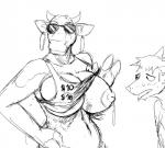 anthro areola bel_group big_breasts black_and_white bodily_fluids bovid bovine breasts canid canine cattle clothing duo ear_piercing eyewear female glasses hladilnik horn lactating male mammal mascot monochrome nipple_outline nipples one_breast_out piercing prostitution shirt sweat the_laughing_cow tongue tongue_out topwear