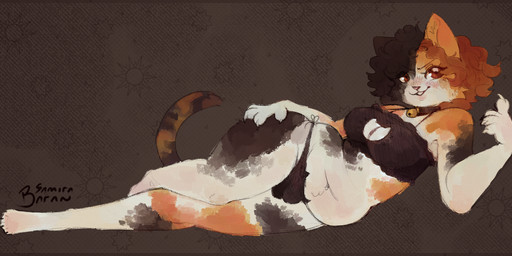 anthro bell bell_collar belly big_breasts bra breasts bulge cat_keyhole_bra cat_lingerie cat_panties claws cleavage cleavage_cutout clothed clothing collar cutout detailed_background gynomorph hair hand_on_leg hand_on_thigh intersex keyhole_bra keyhole_clothing keyhole_underwear lingerie lying multicolored_hair navel on_side penis_in_panties red_eyes smile smirk solo underwear wide_hips baranarts calico_cat domestic_cat felid feline felis mammal