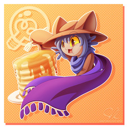 ambiguous_gender anthro blue_hair blue_scarf border brown_clothing brown_coat brown_hat brown_headwear brown_topwear butter clothing coat cutlery dairy_products dish dotted_background food fork hair hat headgear headwear kitchen_utensils light light_bulb open_mouth open_smile outline pancake pattern_background pupils scarf shadow simple_background slit_pupils smile solo syrup text thin_eyebrows tongue tools topwear white_border white_outline yellow_eyes unnotablejulz oneshot niko_(oneshot) domestic_cat felid feline felis mammal 1:1 2022 artist_name dated hi_res lighting signature