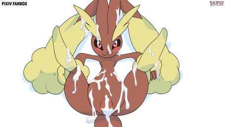 biped blush bodily_fluids brown_body brown_fur cum cum_on_face female feral fur genital_fluids genitals looking_at_viewer nude solo vulva sarox nintendo pokemon generation_4_pokemon lopunny pokemon_(species) 16:9 2026 hi_res widescreen