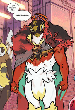 animal_skin anthro black_body black_eyes black_mask duo feathers female fist fur insect_wings luchador male male_focus muscular parody red_body text white_body wings wrestler yellow_body yellow_fur bermuda_(artist) image_comics invincible_(image_comics) nintendo pokemon pokemon_legends_z-a arthropod avian generation_7_pokemon generation_9_pokemon incineroar mega_evolution mega_hawlucha pokemon_(species) ribombee absurd_res english_text hi_res redraw