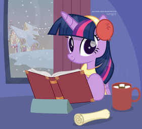 beverage book building candy chocolate christmas_decorations christmas_lights container cup curtains dessert earmuffs eyelashes feathered_wings feathers female feral food furniture hair horn hot_chocolate inside looking_at_viewer marshmallow multicolored_hair purple_eyes reading scarf scroll sitting smile snow snowing solo table text window wings winter shutterflyeqd friendship_is_magic hasbro my_little_pony mythology twilight_sparkle_(mlp) equid equine mammal mythological_creature mythological_equine winged_unicorn 2017 absurd_res hi_res url
