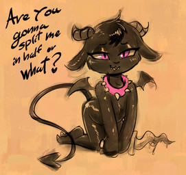 aged_down alternate_species anthro blood blood_on_weapon bodily_fluids collar dialogue dirty_talk female horn kneeling knife loli membrane_(anatomy) membranous_wings pink_eyes pupils simple_background slit_pupils smile solo spade_tail spiked_collar spikes tail text weapon wings young young_anthro young_female soulcentinel rambi_(wayesh) bovid caprine caprine_demon demon goat_demon mammal english_text sketch