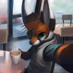 anthro beverage biped black_body black_fur building cafe camera_view car chair cheek_tuft clothed clothing coffee coffee_mug coffee_shop container cup daww detailed_background eyebrows facial_tuft fog food fur furniture green_eyes hair high-angle_view inside looking_at_viewer male male_anthro multicolored_body multicolored_fur orange_body orange_fur orange_hair selfie sitting slice_of_life smile solo table tuft vehicle white_body white_fur thanshuhai rikkun canid canine fox mammal red_fox true_fox 1:1 2012 digital_media_(artwork) half-length_portrait portrait