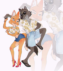 aloha_shirt anklet anthro blouse bottomwear canon_couple chest_tuft clothing dancing denim denim_bottomwear denim_clothing denim_shorts duo eyewear female flip_flops footwear fur grey_body grey_fur hand_holding happy high_heels hotpants jewelry long_socks male male/female midriff navel necklace orange_body orange_fur pattern_clothing pattern_shirt pattern_topwear sandals shirt shoes shorts smile smiling_at_another smiling_at_partner sunglasses tail topwear tuft nosugarnohoney dreamworks the_bad_guys diane_foxington mr._wolf_(the_bad_guys) canid canine canis fox mammal north_american_gray_wolf red_fox true_fox wolf hi_res