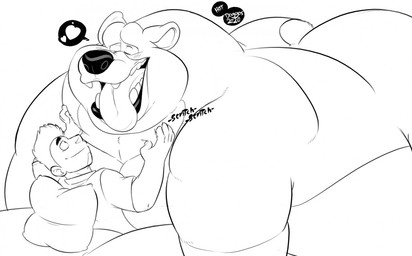anthro bed big_butt black_lips black_nose butt duo eyes_closed furniture heart_symbol human_on_anthro interspecies larger_anthro larger_male lips male male/male male_anthro male_human morbidly_obese obese overweight overweight_male petting pillow scratching scritches scut_tail short_tail size_difference smaller_human smaller_male tail thick_bottom_lip tongue tongue_out c-trigger brother_bear disney tug_(brother_bear) bear human mammal 2020 monochrome signature