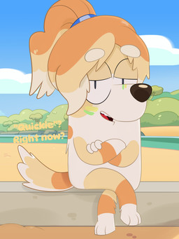 accessory anthro beach bedroom_eyes crossed_arms crossed_legs dialogue female fur hair hair_accessory hair_tie narrowed_eyes orange_body orange_fur plant ponytail sand seductive sitting solo talking_to_viewer tan_body tan_fur tree water white_body white_fur lexusart616 bluey_(series) frisky_(bluey) bird_dog canid canine canis cocker_spaniel domestic_dog hunting_dog mammal spaniel 2026 3:4 absurd_res digital_media_(artwork) hi_res