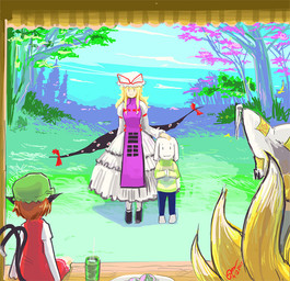 2_tails accessory anthro biped black_clothing black_footwear black_shoes black_tail blonde_hair blue_bottomwear blue_clothing blue_pants bonnet bottomwear bow_ribbon brown_hair clothing dipstick_tail dress female footwear grass green_bonnet green_clothing green_headwear green_mobcap green_sweater green_topwear group hair hair_accessory hair_bow hair_ribbon hand_on_head hands_together headgear headwear male markings mobcap multi_tail pants plant plate red_clothing red_dress ribbons shoes sitting standing sweater tail tail_markings topwear white_bonnet white_clothing white_dress white_headwear white_mobcap yellow_tail young young_anthro young_male gapangman asian_mythology east_asian_mythology japanese_mythology mythology touhou undertale undertale_(series) asriel_dreemurr chen_(touhou) ran_yakumo yukari_yakumo animal_humanoid boss_monster_(undertale) bovid canid canid_humanoid canine canine_humanoid caprine cat_humanoid felid felid_humanoid feline feline_humanoid fox_humanoid goat human humanoid mammal mammal_humanoid nekomata yokai 2015 crossover dated signature