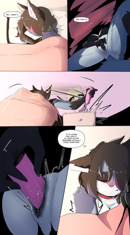anthro bed black_hair blue_body blue_fur blush bodily_fluids bra breasts clothing collar female fingering fur furniture genital_fluids genitals hair makeup masturbation nude sex_toy simple_background solo text underwear vaginal vaginal_fingering vulva lizzard_sama jenna_(baltofurry) canid canine canis mammal wolf absurd_res comic english_text hi_res